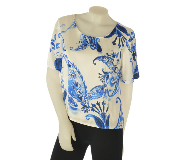 BLUSA DONNA MANICA CORTA EFFETTO SETA LEGGERA FANTASIA  GABRIELLA LUXURY ART. 49 CIELOT-ONICE858